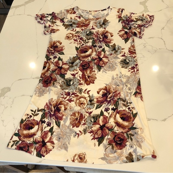 Hem & Thread Floral Multicolor Ruffle Sleeve Shift T-Shirt Swing Dress M - Picture 7 of 10